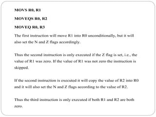 MOVS R0, R1
MOVEQS R0, R2
MOVEQ R0, R3
The first instruction will move R1 into R0 unconditionally, but it will
also set the N and Z flags accordingly.
Thus the second instruction is only executed if the Z flag is set, i.e., the
value of R1 was zero. If the value of R1 was not zero the instruction is
skipped.
If the second instruction is executed it will copy the value of R2 into R0
and it will also set the N and Z flags according to the value of R2.
Thus the third instruction is only executed if both R1 and R2 are both
zero.
 