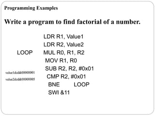 Write a program to find factorial of a number.
LDR R1, Value1
LDR R2, Value2
LOOP MUL R0, R1, R2
MOV R1, R0
SUB R2, R2, #0x01
CMP R2, #0x01
BNE LOOP
SWI &11
Programming Examples
 
