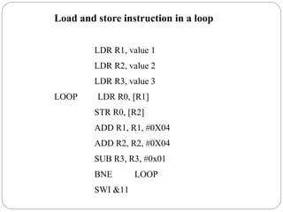 Load and store instruction in a loop
LDR R1, value 1
LDR R2, value 2
LDR R3, value 3
LOOP LDR R0, [R1]
STR R0, [R2]
ADD R1, R1, #0X04
ADD R2, R2, #0X04
SUB R3, R3, #0x01
BNE LOOP
SWI &11
 