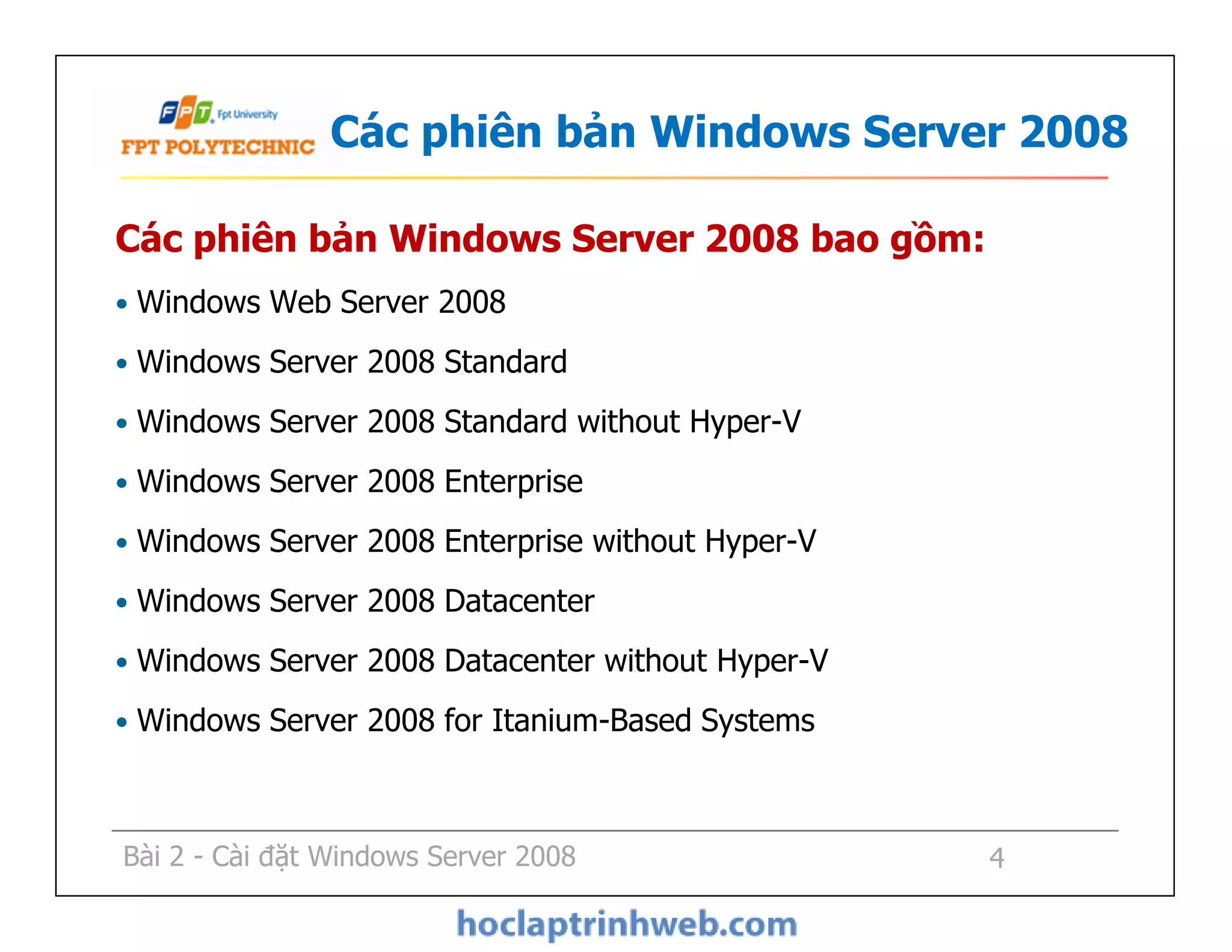 Bài 2 Cài đặt Windows Server 2008 - Giáo trình FPT | PDF