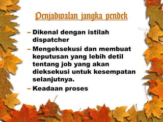 Penjadwalan jangka pendek
– Dikenal dengan istilah
dispatcher
– Mengeksekusi dan membuat
keputusan yang lebih detil
tentang job yang akan
dieksekusi untuk kesempatan
selanjutnya.
– Keadaan proses
 
