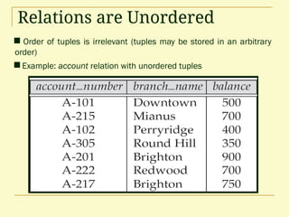 Relations are Unordered
 Order of tuples is irrelevant (tuples may be stored in an arbitrary
order)
 Example: account relation with unordered tuples
 