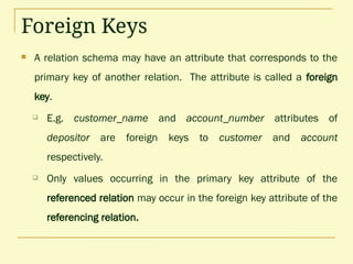 Foreign Keys
 A relation schema may have an attribute that corresponds to the
primary key of another relation. The attribute is called a foreign
key.
 E.g. customer_name and account_number attributes of
depositor are foreign keys to customer and account
respectively.
 Only values occurring in the primary key attribute of the
referenced relation may occur in the foreign key attribute of the
referencing relation.
 
