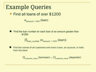 Example Queries
 Find all loans of over $1200
 Find the loan number for each loan of an amount greater than
$1200
amount > 1200 (loan)
loan_number (amount > 1200 (loan))
 Find the names of all customers who have a loan, an account, or both,
from the bank
customer_name (borrower)  customer_name (depositor)
 