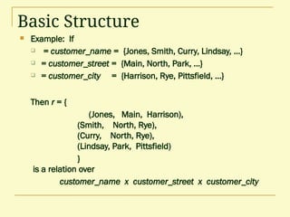 Basic Structure
 Example: If
 = customer_name = {Jones, Smith, Curry, Lindsay, …}
 = customer_street = {Main, North, Park, …}
 = customer_city = {Harrison, Rye, Pittsfield, …}
Then r = {
(Jones, Main, Harrison),
(Smith, North, Rye),
(Curry, North, Rye),
(Lindsay, Park, Pittsfield)
}
is a relation over
customer_name x customer_street x customer_city
 