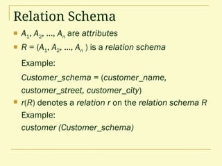 Relation Schema
 A1, A2, …, An are attributes
 R = (A1, A2, …, An ) is a relation schema
Example:
Customer_schema = (customer_name,
customer_street, customer_city)
 r(R) denotes a relation r on the relation schema R
Example:
customer (Customer_schema)
 