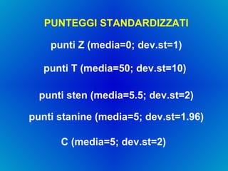 PUNTEGGI STANDARDIZZATI punti Z (media=0; dev.st=1) punti T (media=50; dev.st=10) punti sten (media=5.5; dev.st=2) C (media=5; dev.st=2)  punti stanine (media=5; dev.st=1.96) 