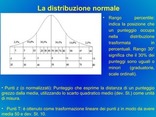 La distribuzione normale Rango percentile: indica la posizione che un punteggio occupa nella distribuzione trasformata in percentuali. Rango 30° significa che il 30% dei punteggi sono uguali o minori (graduatorie, scale ordinali). Punti z (o normalizzati): Punteggio che esprime la distanza di un punteggio grezzo dalla media, utilizzando lo scarto quadratico medio (dev. St.) come unità di misura. Punti T: è ottenuto come trasformazione lineare dei punti z in modo da avere media 50 e dev. St. 10. 