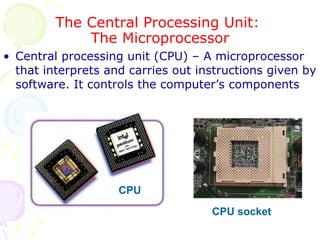 The Central Processing Unit:  The Microprocessor Central processing unit (CPU) – A microprocessor that interprets and carries out instructions given by software. It controls the computer’s components CPU CPU socket 