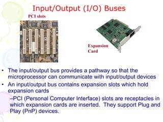 Input/Output (I/O) Buses The input/output bus provides a pathway so that the microprocessor can communicate with input/output devices An input/output bus contains expansion slots which hold expansion cards PCI (Personal Computer Interface) slots are receptacles in which expansion cards are   inserted.  They support Plug and Play (PnP) devices. PCI slots Expansion Card 