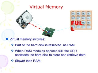 Virtual Memory Virtual memory involves: Part of the hard disk is reserved  as RAM. When RAM modules become full, the CPU accesses the hard disk to store and retrieve data. Slower than RAM. FULL 