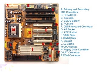                                                                                                                                                                                 A. Primary and Secondary IIDE Controllers B. ROM/BIOS C. ISA slots D. CMOS Battery E. PCI slots F. DIN/5 Keyboard Connector G. AT Socket H. ATX Socket I. DIMM Slots J. SIMM Slots K. Chipset L. L2 Cache M.CPU Socket N. Floppy Drive Controller O.LPT Connector P.COM Connector 