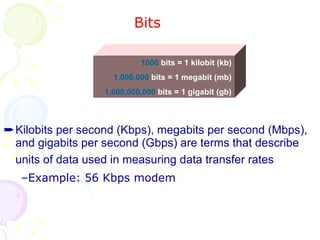 Bits Kilobits per second (Kbps), megabits per second (Mbps), and gigabits per second (Gbps) are terms that describe units of data used in measuring data transfer rates   Example: 56 Kbps modem 1000  bits = 1 kilobit (kb) 1,000,000   bits = 1 megabit (mb) 1,000,000,000  bits = 1 gigabit (gb) 