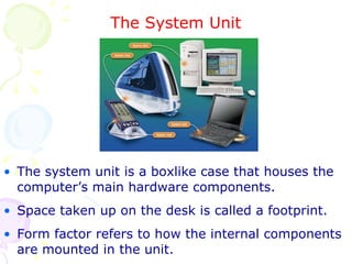 The System Unit The system unit is a boxlike case that houses the computer’s main hardware components. Space taken up on the desk is called a footprint. Form factor refers to how the internal components are mounted in the unit. 