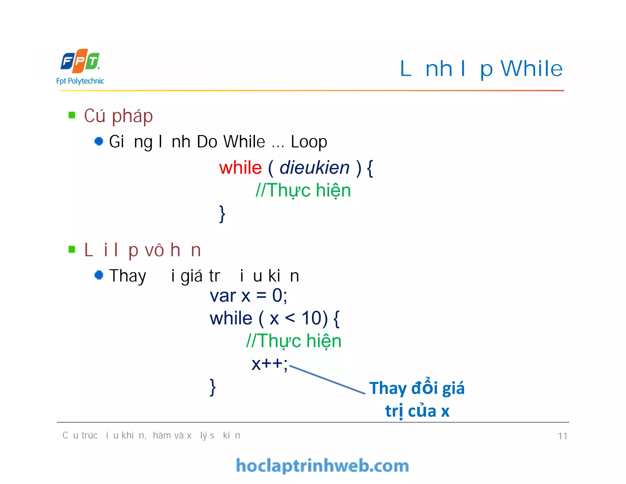Cú pháp
Giống lệnh Do While … Loop
Lỗi lặp vô hạn
Thay đổi giá trị điều kiện
Lệnh lặp While
while ( dieukien ) {
//Thực hiện
}
Cú pháp
Giống lệnh Do While … Loop
Lỗi lặp vô hạn
Thay đổi giá trị điều kiện
Cấu trúc điều khiển, hàm và xử lý sự kiện 11
var x = 0;
while ( x < 10) {
//Thực hiện
x++;
} Thay đổi giá
trị của x
 
