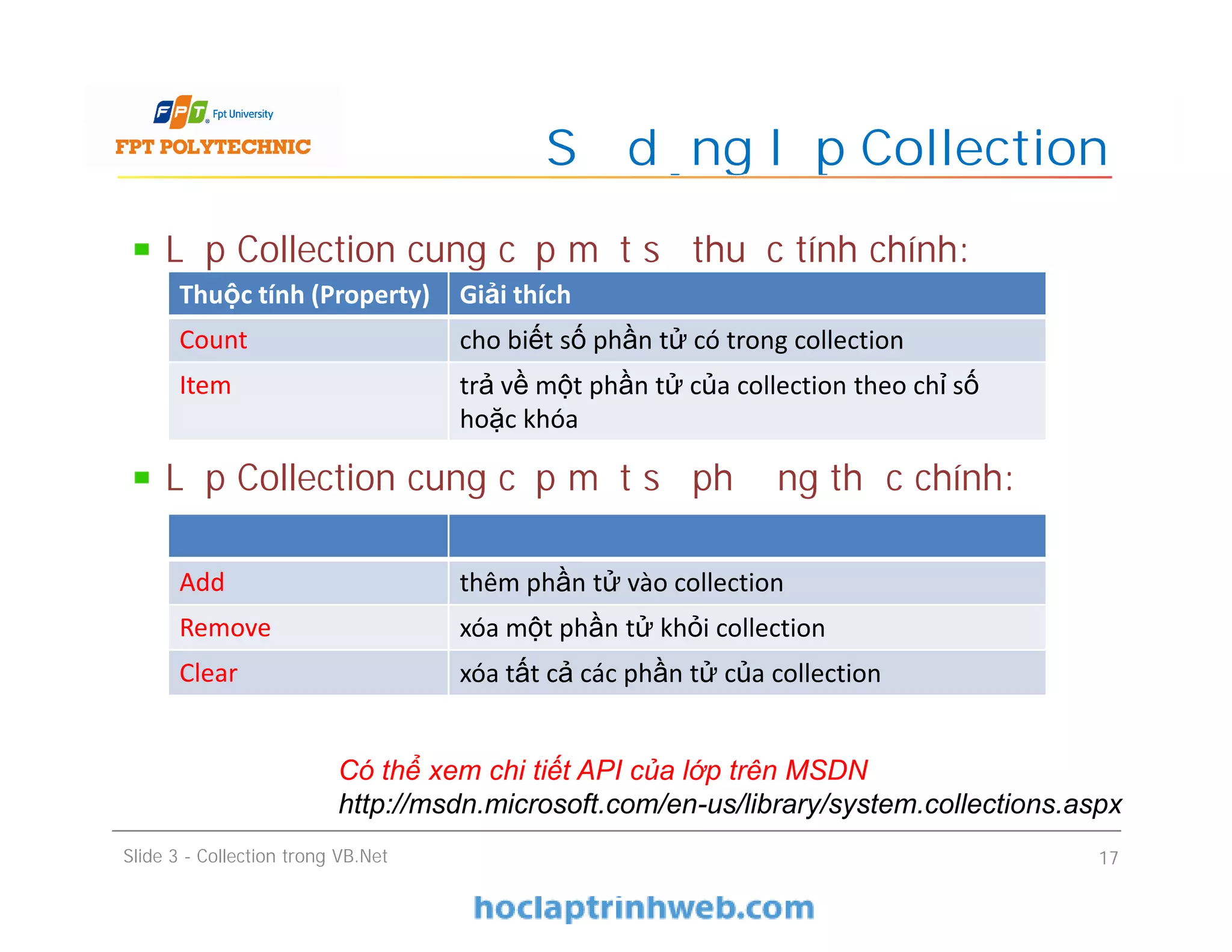 Lớp Collection cung cấp một số thuộc tính chính:
Lớp Collection cung cấp một số phương thức chính:
Sử dụng lớp Collection
Slide 3 - Collection trong VB.Net 17
Có thể xem chi tiết API của lớp trên MSDN
http://msdn.microsoft.com/en-us/library/system.collections.aspx
Thuộc tính (Property) Giải thích
Count cho biết số phần tử có trong collection
Item trả về một phần tử của collection theo chỉ số
hoặc khóa
Add thêm phần tử vào collection
Remove xóa một phần tử khỏi collection
Clear xóa tất cả các phần tử của collection
 