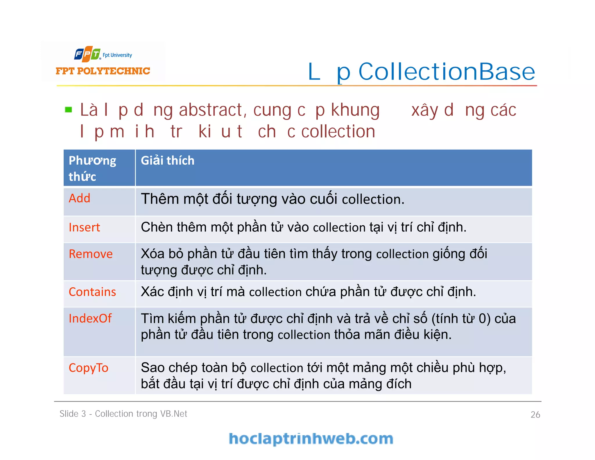 Là lớp dạng abstract, cung cấp khung để xây dựng các
lớp mới hỗ trợ kiểu tổ chức collection
Bao gồm các phương thức abstract chính sau:
Lớp CollectionBase
Slide 3 - Collection trong VB.Net 26
Phương
thức
Giải thích
Add Thêm một đối tượng vào cuối collection.
Insert Chèn thêm một phần tử vào collection tại vị trí chỉ định.
Remove Xóa bỏ phần tử đầu tiên tìm thấy trong collection giống đối
tượng được chỉ định.
Contains Xác định vị trí mà collection chứa phần tử được chỉ định.
IndexOf Tìm kiếm phần tử được chỉ định và trả về chỉ số (tính từ 0) của
phần tử đầu tiên trong collection thỏa mãn điều kiện.
CopyTo Sao chép toàn bộ collection tới một mảng một chiều phù hợp,
bắt đầu tại vị trí được chỉ định của mảng đích
 