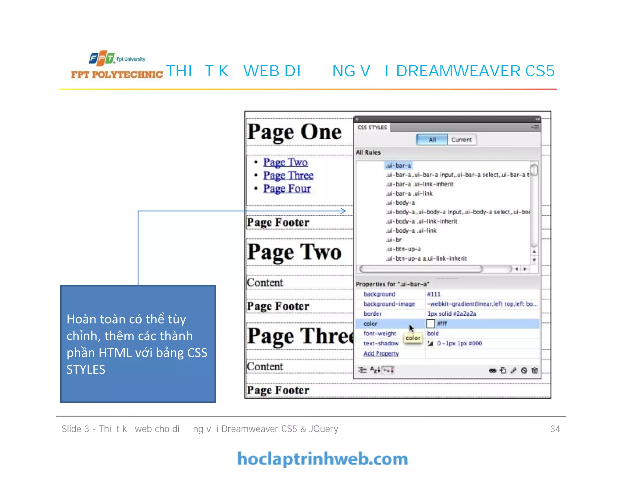 THIẾT KẾ WEB DI ĐỘNG VỚI DREAMWEAVER CS5
Slide 3 - Thiết kế web cho di động với Dreamweaver CS5 & JQuery 34
Hoàn toàn có thể tùy
chỉnh, thêm các thành
phần HTML với bảng CSS
STYLES
 