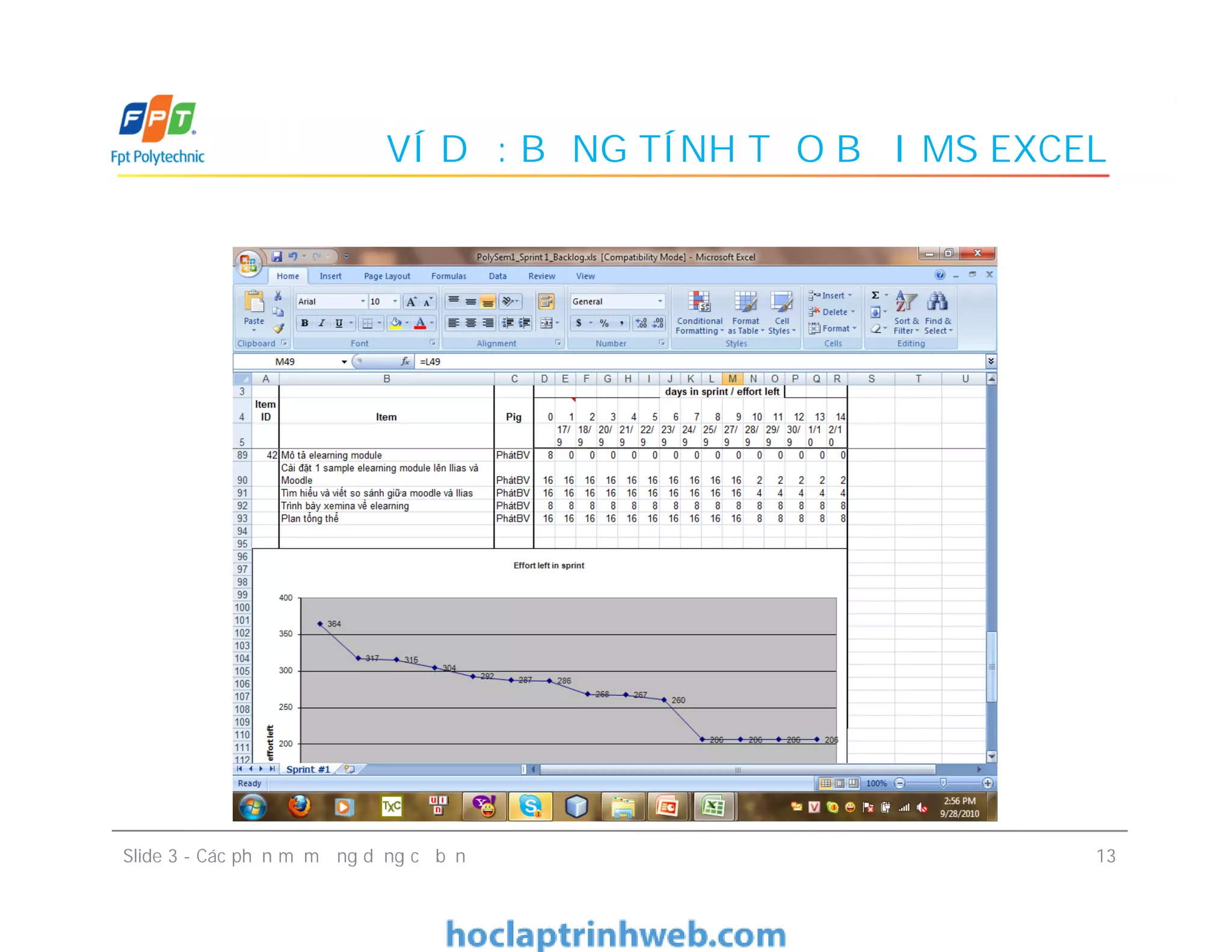 VÍ DỤ: BẢNG TÍNH TẠO BỞI MS EXCEL
13Slide 3 - Các phần mềm ứng dụng cơ bản
 