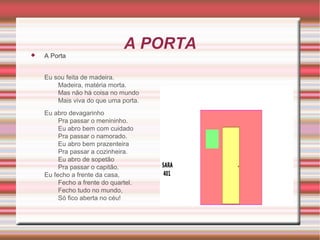 

A Porta

A PORTA

Eu sou feita de madeira.
Madeira, matéria morta.
Mas não há coisa no mundo
Mais viva do que uma porta.
Eu abro devagarinho
Pra passar o menininho.
Eu abro bem com cuidado
Pra passar o namorado.
Eu abro bem prazenteira
Pra passar a cozinheira.
Eu abro de sopetão
Pra passar o capitão.
Eu fecho a frente da casa,
Fecho a frente do quartel.
Fecho tudo no mundo,
Só fico aberta no céu!

 