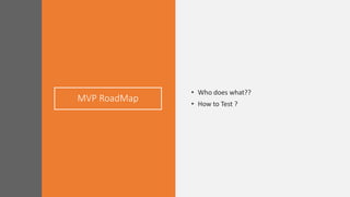 MVP RoadMap
• Who does what??
• How to Test ?
 