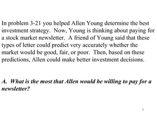 1
 
In problem 3-21 you helped Allen Young determine the best 
investment strategy.  Now, Young is thinking about paying for 
a stock market newsletter.  A friend of Young said that these 
types of letter could predict very accurately whether the 
market would be good, fair, or poor.  Then, based on these 
predictions, Allen could make better investment decisions.
 
 
A. What is the most that Allen would be willing to pay for a
newsletter? 
 