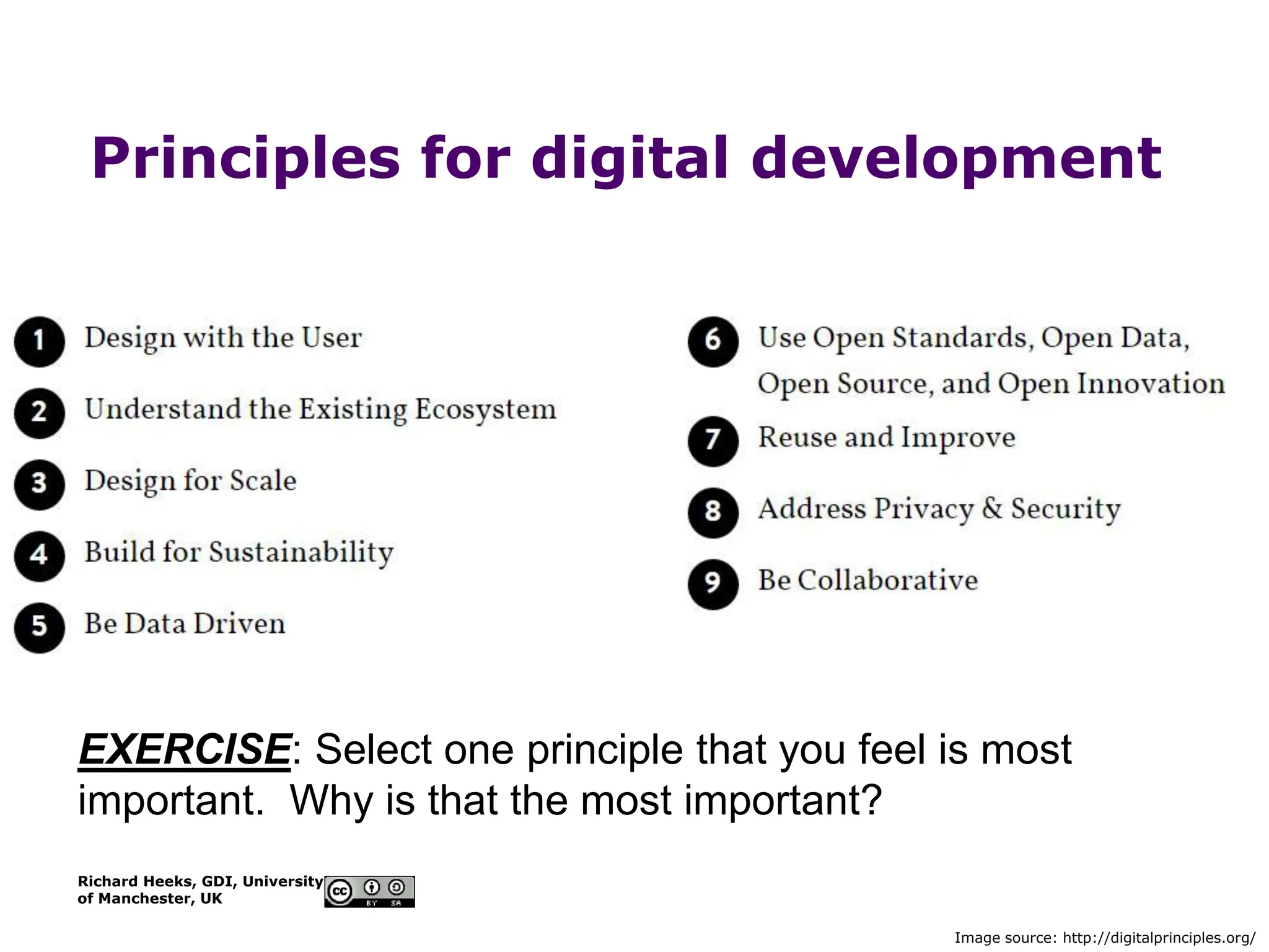 Richard Heeks, GDI, University
of Manchester, UK
Principles for digital development
EXERCISE: Select one principle that you feel is most
important. Why is that the most important?
Image source: http://digitalprinciples.org/
 