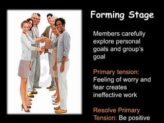 Forming Stage * Members carefully explore personal goals and group’s goalPrimary tension: Feeling of worry and fear creates ineffective work Resolve Primary Tension: Be positive and energetic, patient, open-minded, and well-prepared