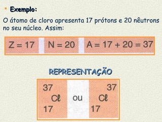  Exemplo:Exemplo:
O átomo de cloro apresenta 17 prótons e 20 nêutrons
no seu núcleo. Assim:
REPRESENTAÇÃOREPRESENTAÇÃO
 