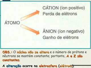 OBS.:OBS.: O núcleo não se alteranúcleo não se altera e o número de prótons e
nêutrons se mantém constante; portanto, A e Z sãoA e Z são
constantesconstantes.
AA alteraçãoalteração ocorre naocorre na eletrosferaeletrosfera ((elétronselétrons)).
 