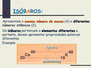 Apresentam o mesmo número de massamesmo número de massa (A) e diferentesdiferentes
números atômicos (Z).
ISÓBAROS:
Exemplo:
Os isóbarosisóbaros pertencem a elementos diferenteselementos diferentes e,
portanto, devem apresentar propriedades químicas
diferentes.
 