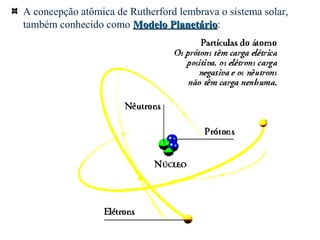 A concepção atômica de Rutherford lembrava o sistema solar,
também conhecido como Modelo PlanetárioModelo Planetário:
 
