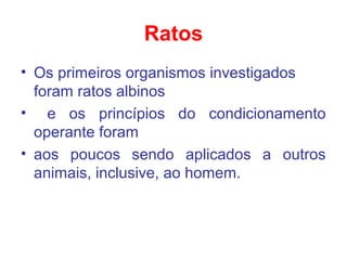 Ratos
• Os primeiros organismos investigados
foram ratos albinos
• e os princípios do condicionamento
operante foram
• aos poucos sendo aplicados a outros
animais, inclusive, ao homem.
 