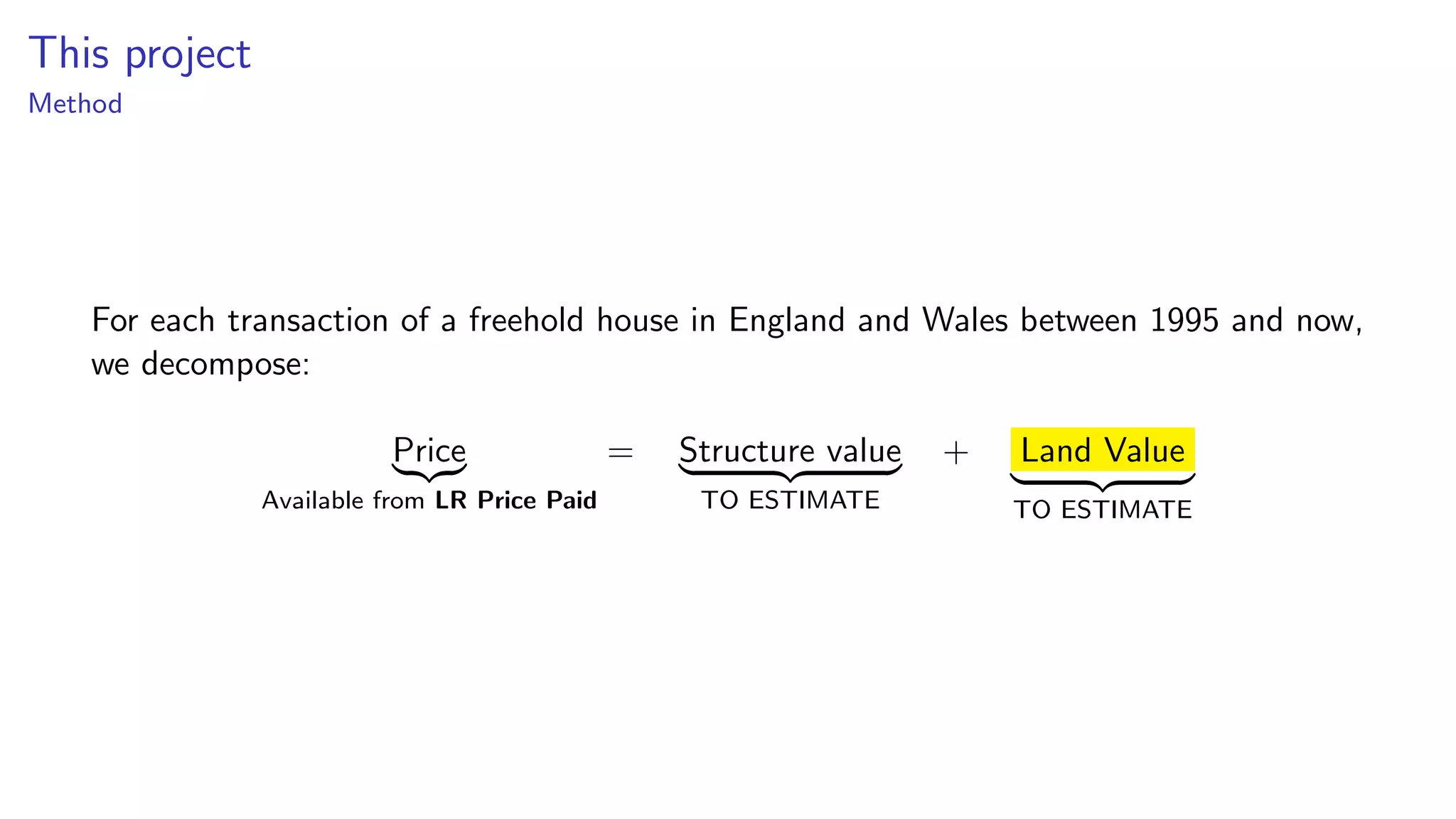 This project
Method
For each transaction of a freehold house in England and Wales between 1995 and now,
we decompose:
Price
Available from LR Price Paid
= Structure value
TO ESTIMATE
+ Land Value
TO ESTIMATE
 