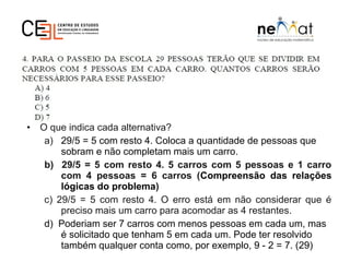 • O que indica cada alternativa?
a) 29/5 = 5 com resto 4. Coloca a quantidade de pessoas que
sobram e não completam mais um carro.
b) 29/5 = 5 com resto 4. 5 carros com 5 pessoas e 1 carro
com 4 pessoas = 6 carros (Compreensão das relações
lógicas do problema)
c) 29/5 = 5 com resto 4. O erro está em não considerar que é
preciso mais um carro para acomodar as 4 restantes.
d) Poderiam ser 7 carros com menos pessoas em cada um, mas
é solicitado que tenham 5 em cada um. Pode ter resolvido
também qualquer conta como, por exemplo, 9 - 2 = 7. (29)
 