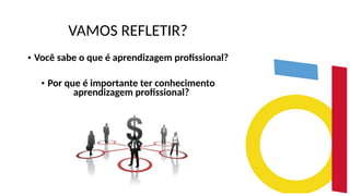 VAMOS REFLETIR?
• Você sabe o que é aprendizagem profissional?
• Por que é importante ter conhecimento
aprendizagem profissional?
 
