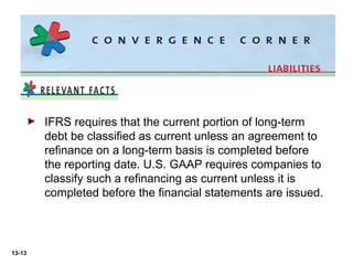►   IFRS requires that the current portion of long-term
            debt be classified as current unless an agreement to
            refinance on a long-term basis is completed before
            the reporting date. U.S. GAAP requires companies to
            classify such a refinancing as current unless it is
            completed before the financial statements are issued.



13-13
 