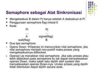 Semaphore sebagai Alat Sinkronisasi
 Mengeksekusi B dalam Pj hanya setelah A dieksekusi di Pi
 Penggunaan semaphore flag intisial 0
 Kode
Pi Pj
… …
A signal(flag)
wait(flag) B
 Dua tipe semaphore
1. Opersi Down Operasi ini menurunkan nilai semaphore, jika
nilai semaphore menjadi non-positif maka proses yang
mengeksekusinya diblocked.
2. Operasi Up menakkan nilai semaphore. Jika satu proses atau
lebih diblocked pada semaphore itu tak dapat menyelesaikan
operasi Down, maka salah satu dipilih oleh system dan
menyelesaikan operasi Down-nya. Urutan proses yang dipilih
tidak ditentukan dapat dipilih secara acak.
 