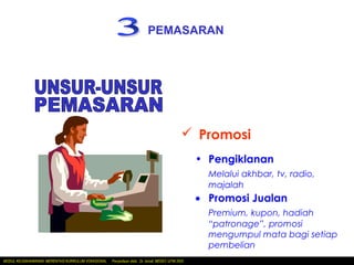 PEMASARAN




                                                                                                Promosi
                                                                                                    • Pengiklanan
                                                                                                      Melalui akhbar, tv, radio,
                                                                                                      majalah
                                                                                                    • Promosi Jualan
                                                                                                      Premium, kupon, hadiah
                                                                                                      “patronage”, promosi
                                                                                                      mengumpul mata bagi setiap
                                                                                                      pembelian
MODUL KEUSAHAWANAN MERENTASI KURIKULUM VOKASIONAL   Penyediaan slide: Dr. Ismail, MEDEC UiTM 2005
 