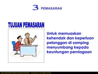 PEMASARAN




                                                                                       Untuk memuaskan
                                                                                       kehendak dan keperluan
                                                                                       pelanggan di samping
                                                                                       menyumbang kepada
                                                                                       keuntungan perniagaan




MODUL KEUSAHAWANAN MERENTASI KURIKULUM VOKASIONAL   Penyediaan slide: Dr. Ismail, MEDEC UiTM 2005
 