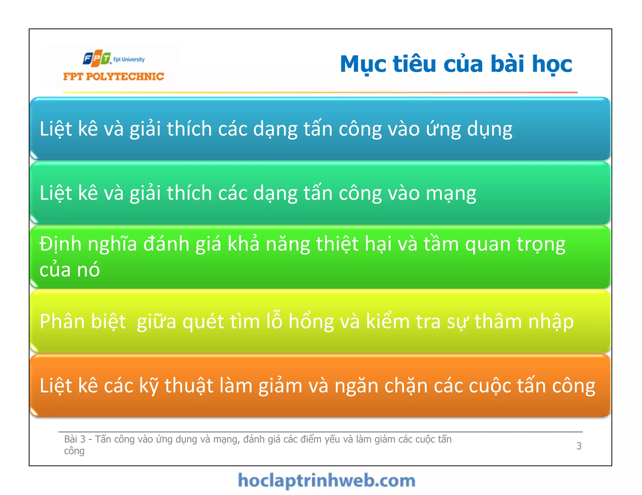 Mục tiêu của bài học
Liệt kê và giải thích các dạng tấn công vào ứng dụng
Liệt kê và giải thích các dạng tấn công vào mạng
Định nghĩa đánh giá khả năng thiệt hại và tầm quan trọng
của nó
Bài 3 - Tấn công vào ứng dụng và mạng, đánh giá các điểm yếu và làm giảm các cuộc tấn
công 3
Định nghĩa đánh giá khả năng thiệt hại và tầm quan trọng
của nó
Phân biệt giữa quét tìm lỗ hổng và kiểm tra sự thâm nhập
Liệt kê các kỹ thuật làm giảm và ngăn chặn các cuộc tấn công
 