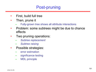 Post-pruning First, build full tree Then, prune it Fully-grown tree shows all attribute interactions  Problem: some subtrees might be due to chance effects Two pruning operations:  Subtree replacement Subtree raising Possible strategies: error estimation significance testing MDL principle witten & eibe 