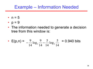 Example – Information Needed n = 5 p = 9 The information needed to generate a decision tree from this window is: E(p,n) =  = 0.940 bits 