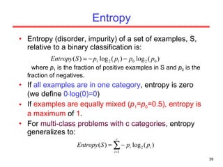 Entropy Entropy (disorder, impurity) of a set of examples, S, relative to a binary classification is: where  p 1  is the fraction of positive examples in S and  p 0  is the fraction of negatives. If  all examples are in one category , entropy is zero (we define  0  log(0)=0 ) If  examples are equally mixed ( p 1 = p 0 =0.5), entropy is a maximum  of  1 . For  multi-class problems with c categories , entropy generalizes to: 