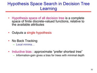Hypothesis Space Search in Decision Tree Learning Hypothesis space of all decision tree  is a complete space of finite discrete-valued functions, relative to the available attributes Outputs a  single hypothesis No Back Tracking Local minima… Inductive bias  : approximate “prefer shortest tree” Information-gain gives a bias for trees with minimal depth 
