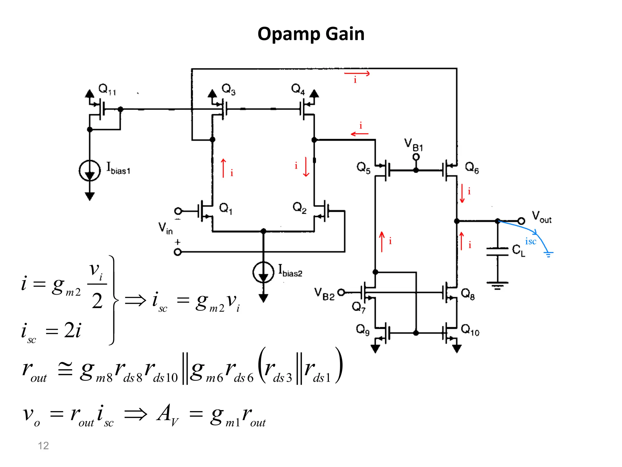 Opamp Gain
12
i
m
sc
sc
i
m
v
g
i
i
i
v
g
i
2
2
2
2 








 
1
3
6
6
10
8
8 ds
ds
ds
m
ds
ds
m
out
r
r
r
g
r
r
g
r 
out
m
V
sc
out
o
r
g
A
i
r
v 1



 