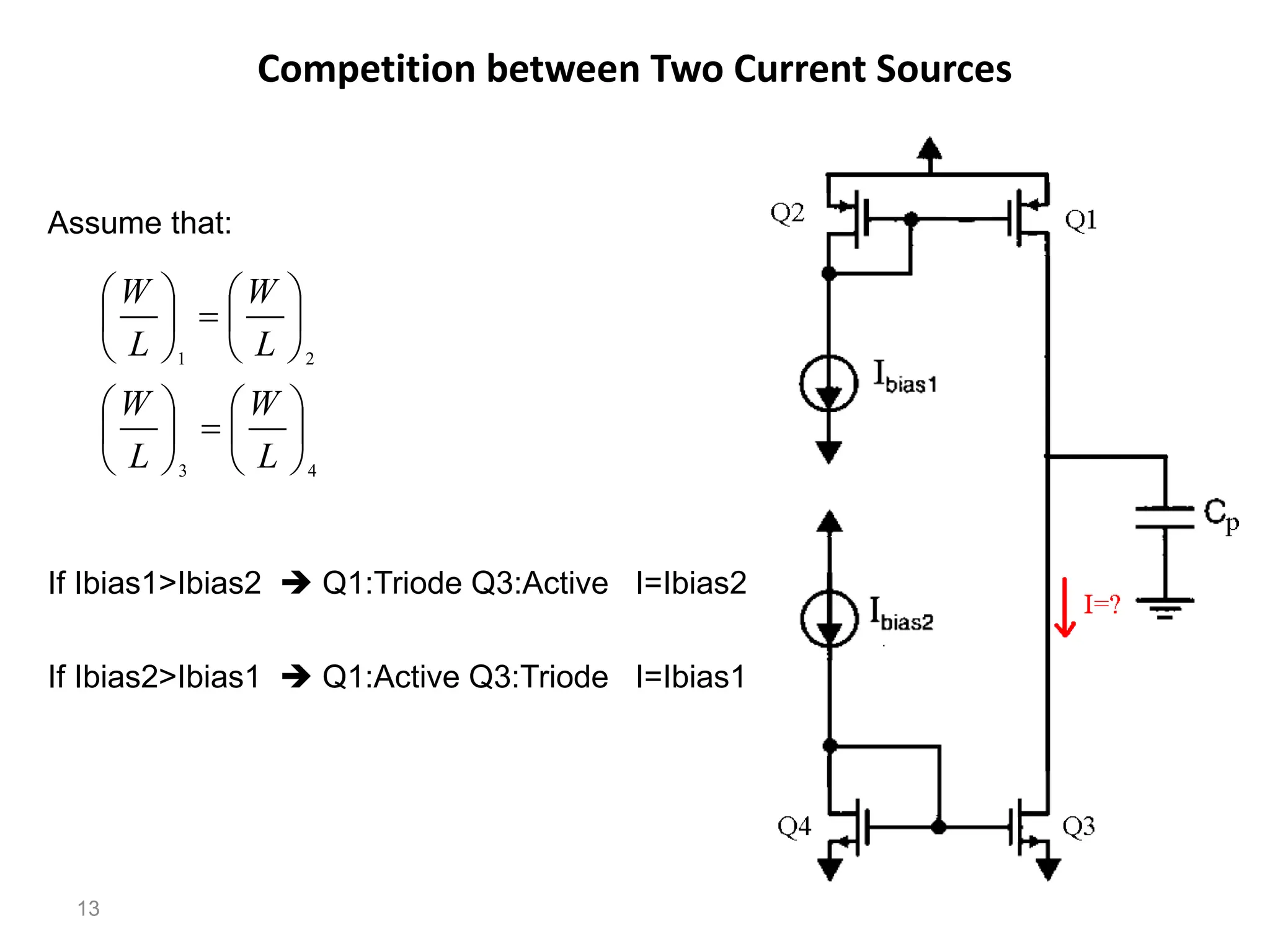 Competition between Two Current Sources
13
If Ibias1>Ibias2  Q1:Triode Q3:Active I=Ibias2
If Ibias2>Ibias1  Q1:Active Q3:Triode I=Ibias1
Assume that:
4
3
2
1


























L
W
L
W
L
W
L
W
 