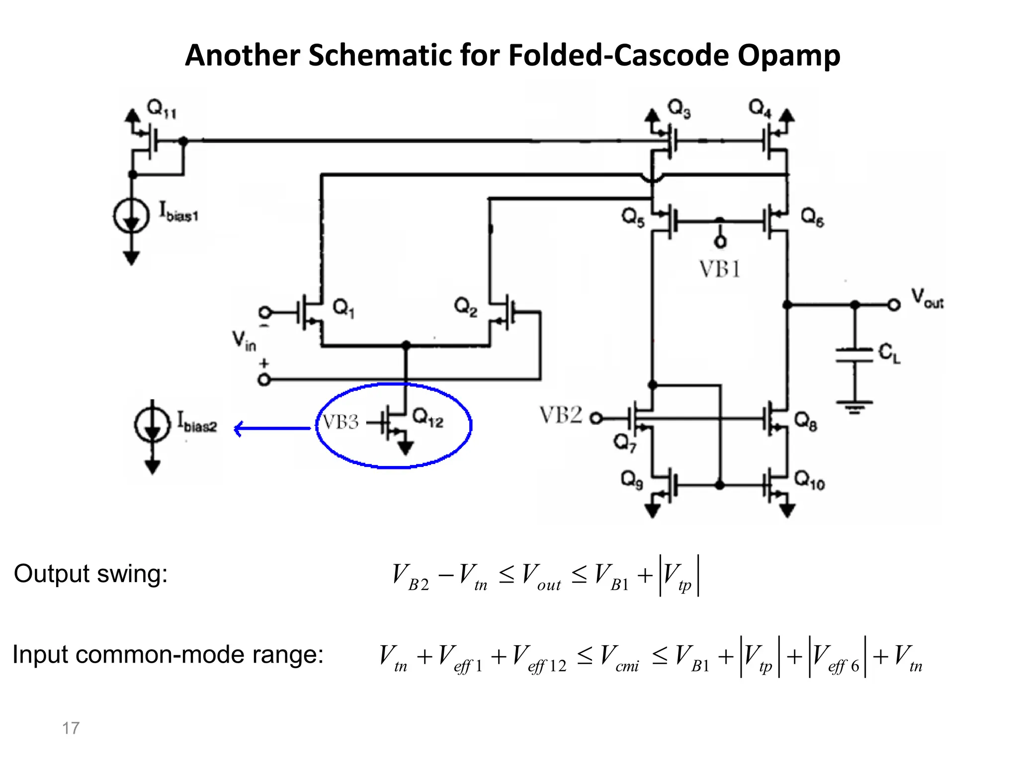 Another Schematic for Folded-Cascode Opamp
17
tp
B
out
tn
B V
V
V
V
V 


 1
2
tn
eff
tp
B
cmi
eff
eff
tn V
V
V
V
V
V
V
V 





 6
1
12
1
Output swing:
Input common-mode range:
 