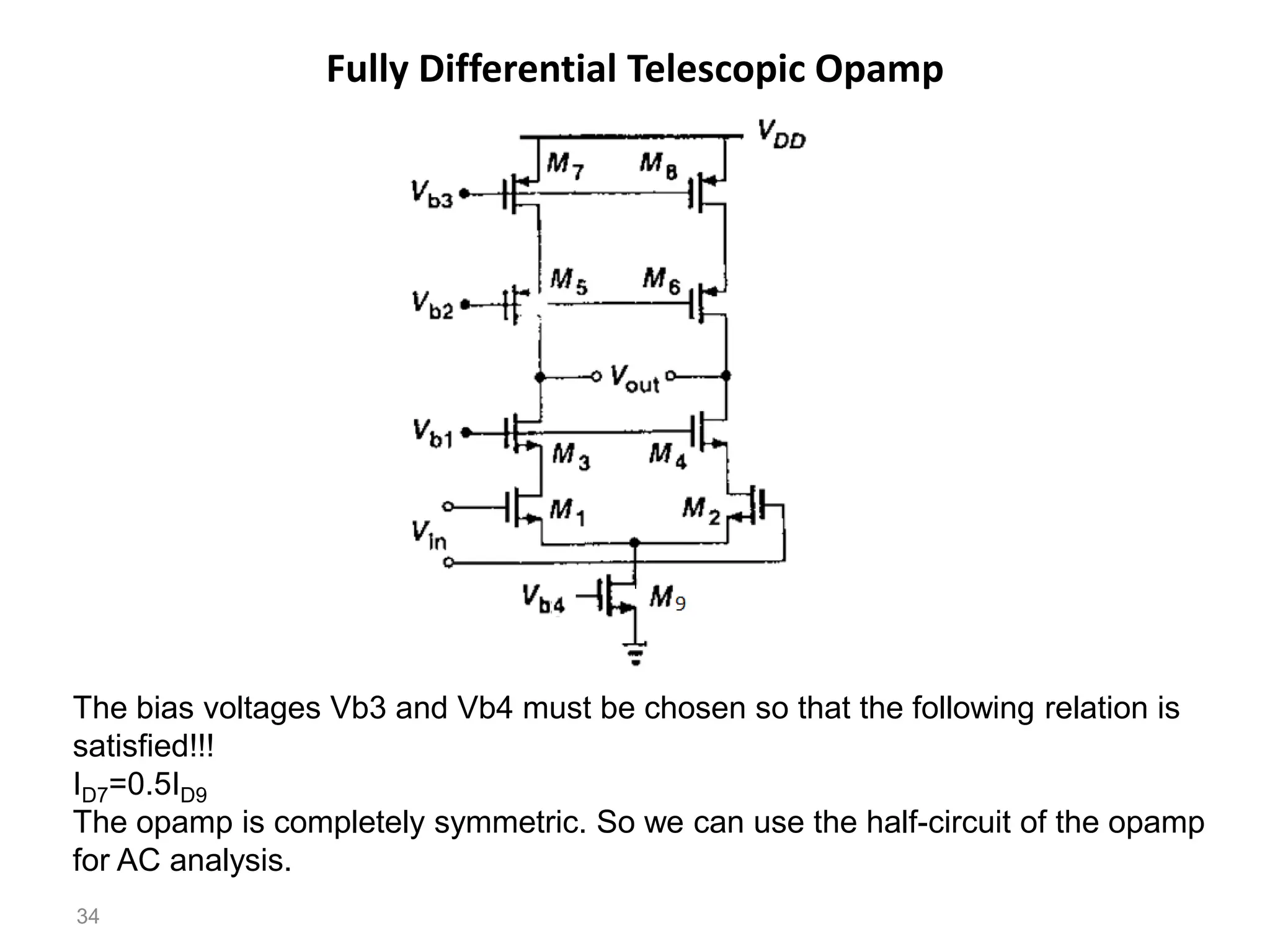 Fully Differential Telescopic Opamp
34
The bias voltages Vb3 and Vb4 must be chosen so that the following relation is
satisfied!!!
ID7=0.5ID9
The opamp is completely symmetric. So we can use the half-circuit of the opamp
for AC analysis.
 