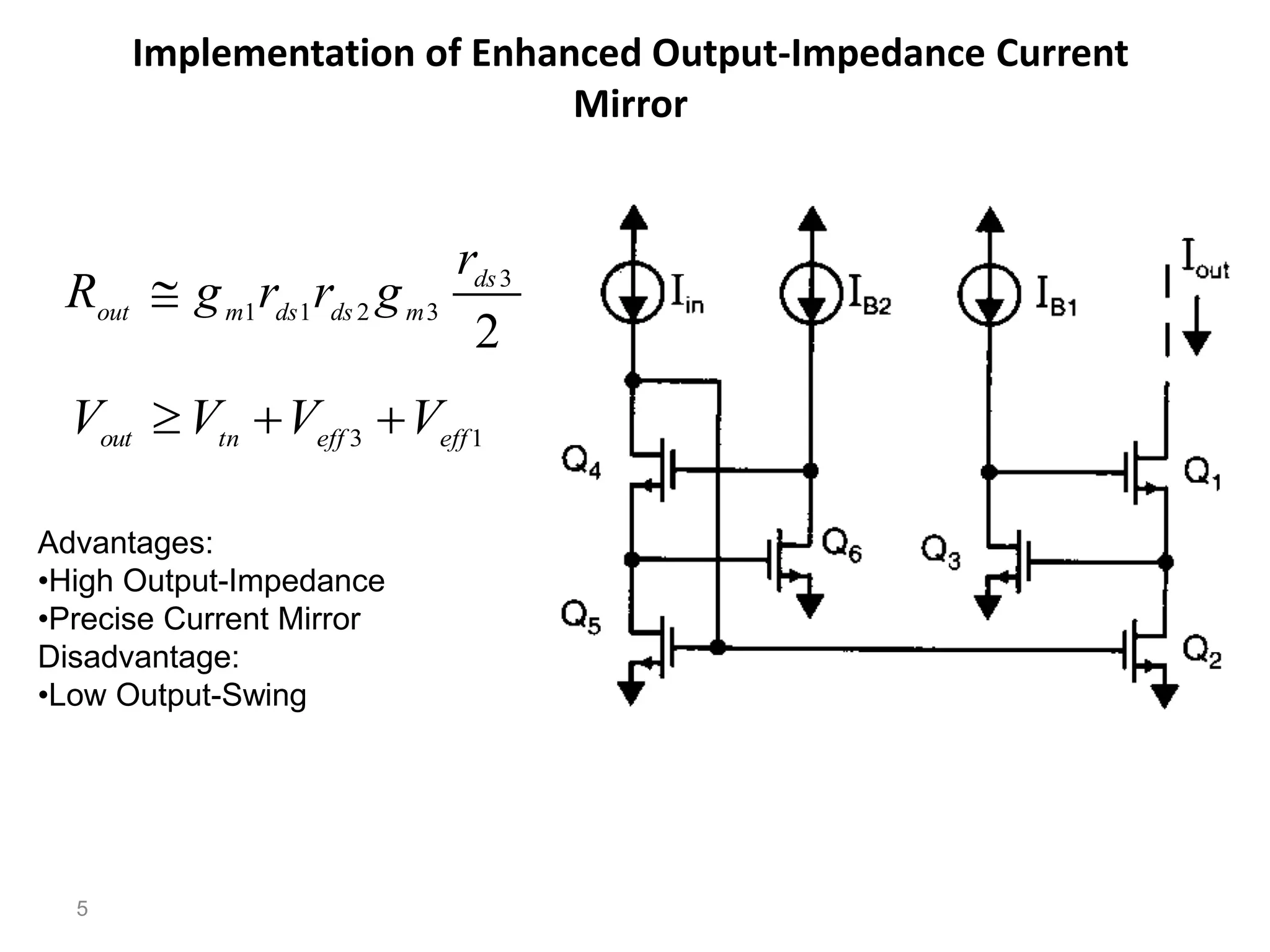 Implementation of Enhanced Output-Impedance Current
Mirror
5
1
3 eff
eff
tn
out
V
V
V
V 


2
3
3
2
1
1
ds
m
ds
ds
m
out
r
g
r
r
g
R 
Advantages:
•High Output-Impedance
•Precise Current Mirror
Disadvantage:
•Low Output-Swing
 